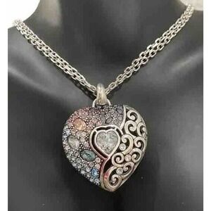 Brighton Ecstatic Heart Pink & Blue Crystal Heart Silver Pendant Necklace NWT